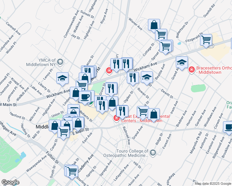 map of restaurants, bars, coffee shops, grocery stores, and more near 64 Cottage Street in Middletown