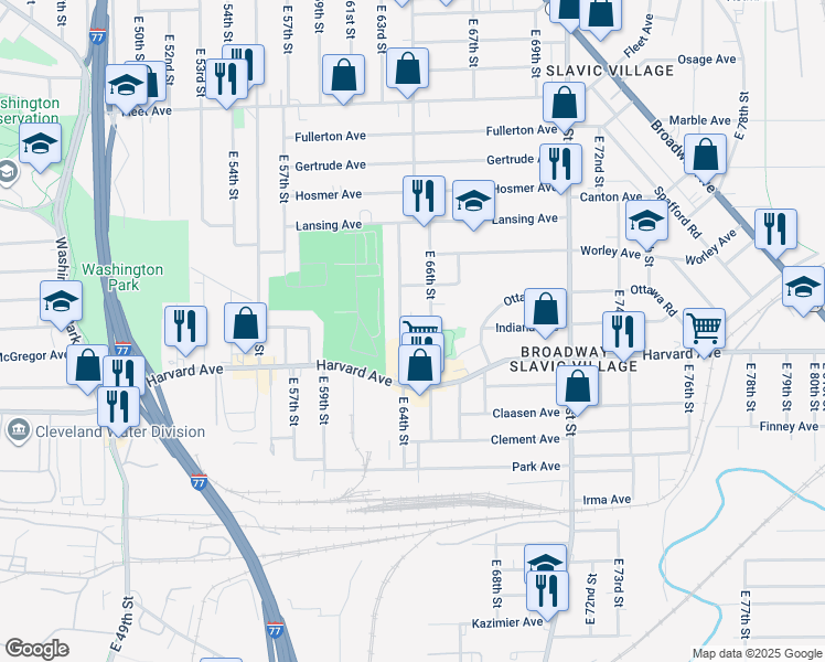 map of restaurants, bars, coffee shops, grocery stores, and more near 6402 Warsaw Avenue in Cleveland