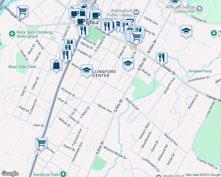 map of restaurants, bars, coffee shops, grocery stores, and more near 381 Ward St in Wallingford