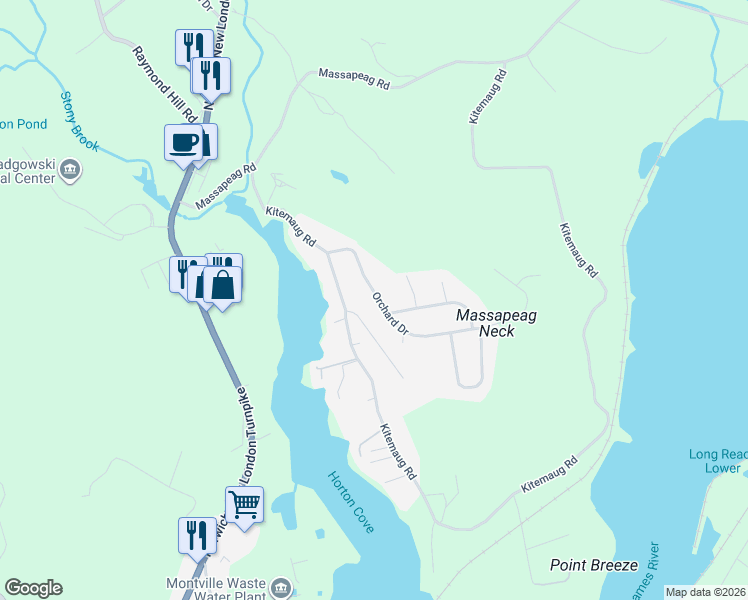 map of restaurants, bars, coffee shops, grocery stores, and more near 35 Orchard Drive in Montville