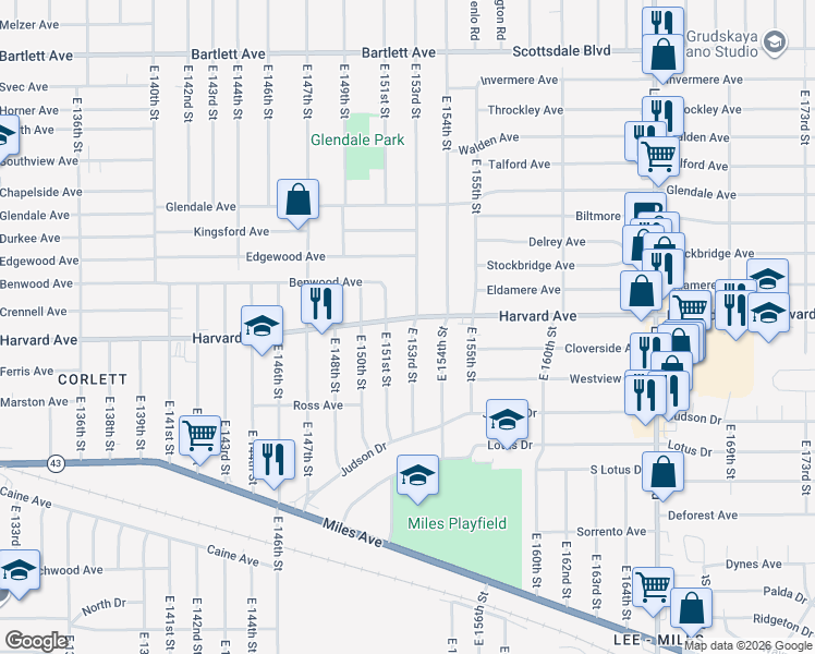 map of restaurants, bars, coffee shops, grocery stores, and more near 15220 Harvard Avenue in Cleveland