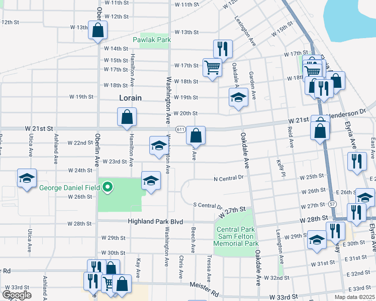 map of restaurants, bars, coffee shops, grocery stores, and more near 911 W 22nd St in Lorain