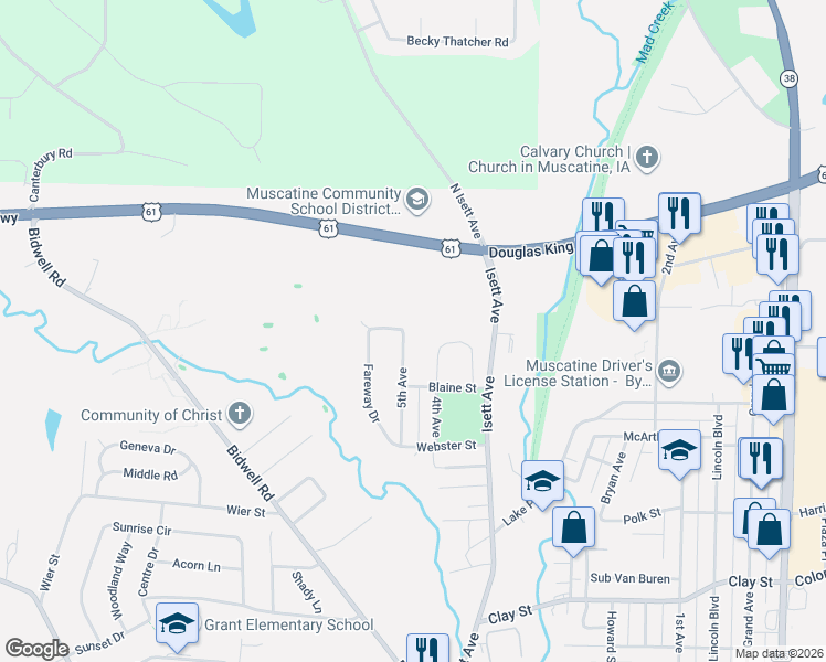 map of restaurants, bars, coffee shops, grocery stores, and more near 1203 Kirstin Court in Muscatine