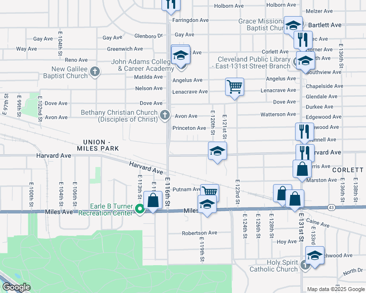 map of restaurants, bars, coffee shops, grocery stores, and more near 11708 Martin Luther King Junior Drive in Cleveland