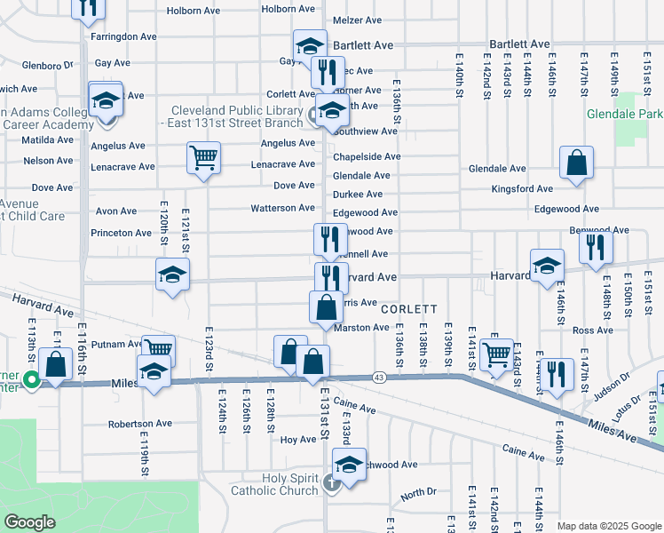 map of restaurants, bars, coffee shops, grocery stores, and more near 4017 East 131st Street in Cleveland