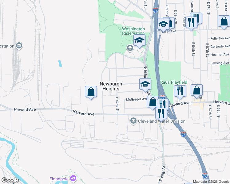 map of restaurants, bars, coffee shops, grocery stores, and more near 3996 East 42nd Street in Newburgh Heights