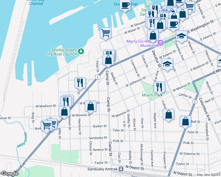 map of restaurants, bars, coffee shops, grocery stores, and more near 434 Camp St in Sandusky