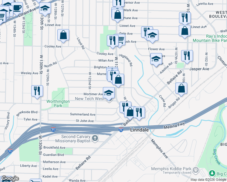 map of restaurants, bars, coffee shops, grocery stores, and more near 3806 West 117th Street in Cleveland