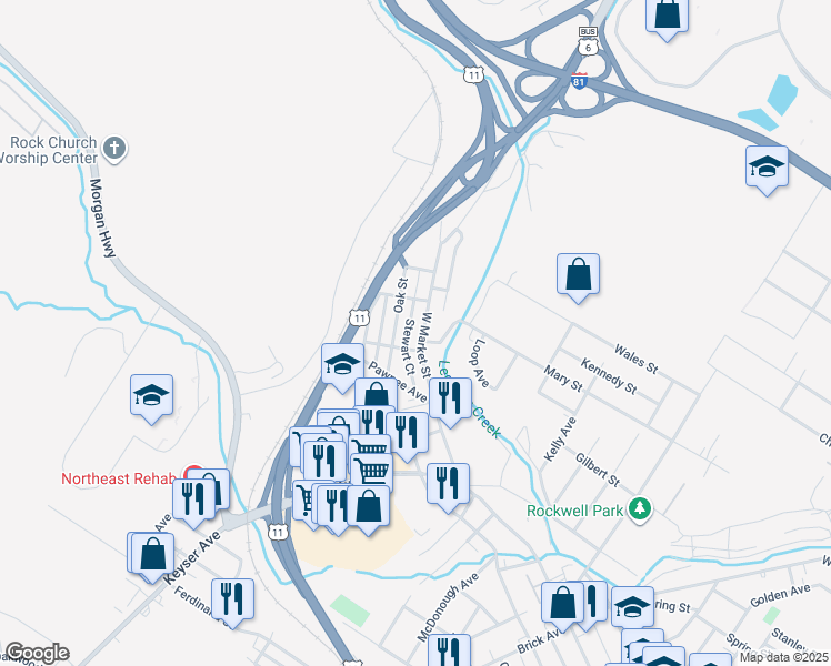 map of restaurants, bars, coffee shops, grocery stores, and more near 1011 West Market Street in Scranton