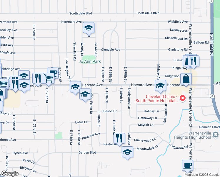 map of restaurants, bars, coffee shops, grocery stores, and more near 18708 Harvard Ave in Cleveland