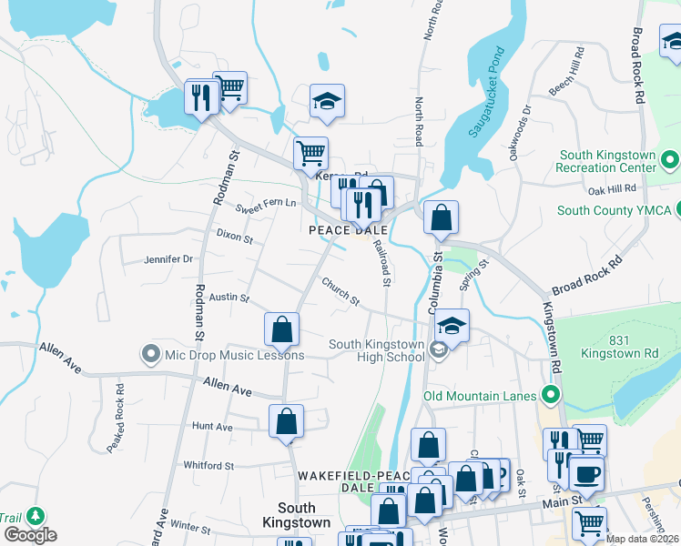 map of restaurants, bars, coffee shops, grocery stores, and more near 483 High Street in South Kingstown