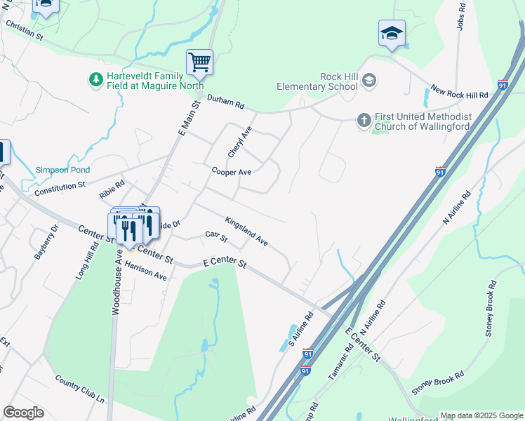 map of restaurants, bars, coffee shops, grocery stores, and more near 26 Audette Drive in Wallingford