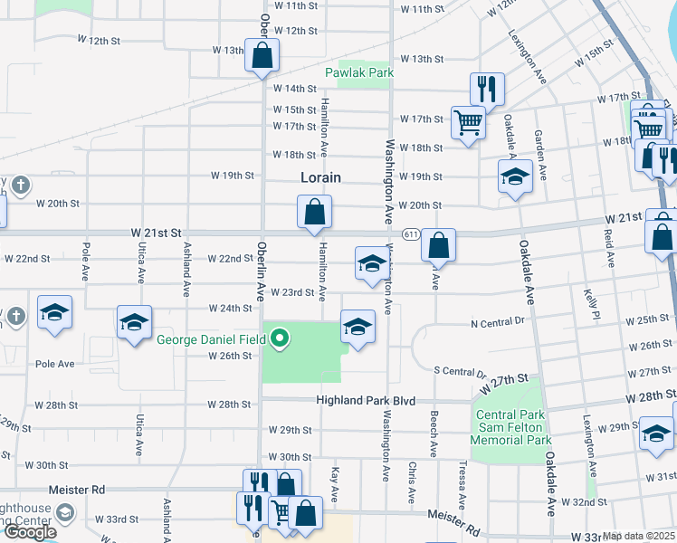 map of restaurants, bars, coffee shops, grocery stores, and more near 1061 West 22nd Street in Lorain