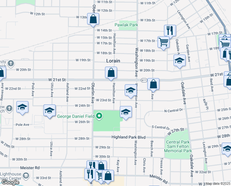 map of restaurants, bars, coffee shops, grocery stores, and more near 1061 West 22nd Street in Lorain