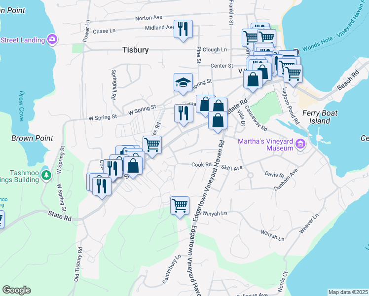 map of restaurants, bars, coffee shops, grocery stores, and more near Old Country Lane in Tisbury