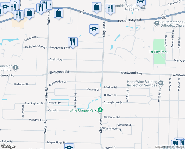 map of restaurants, bars, coffee shops, grocery stores, and more near 23865 Westwood Road in Westlake