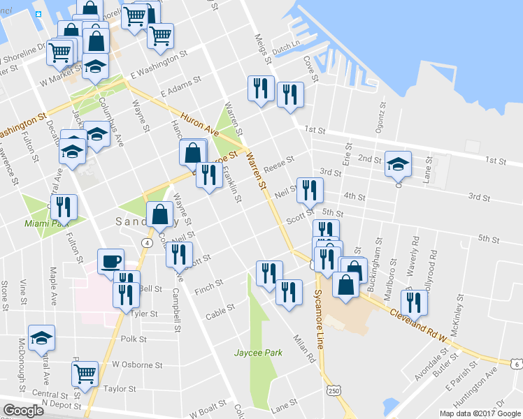 map of restaurants, bars, coffee shops, grocery stores, and more near 414 Neil St in Sandusky