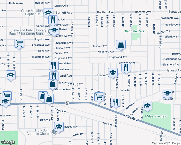 map of restaurants, bars, coffee shops, grocery stores, and more near 13905 Harvard Avenue in Cleveland