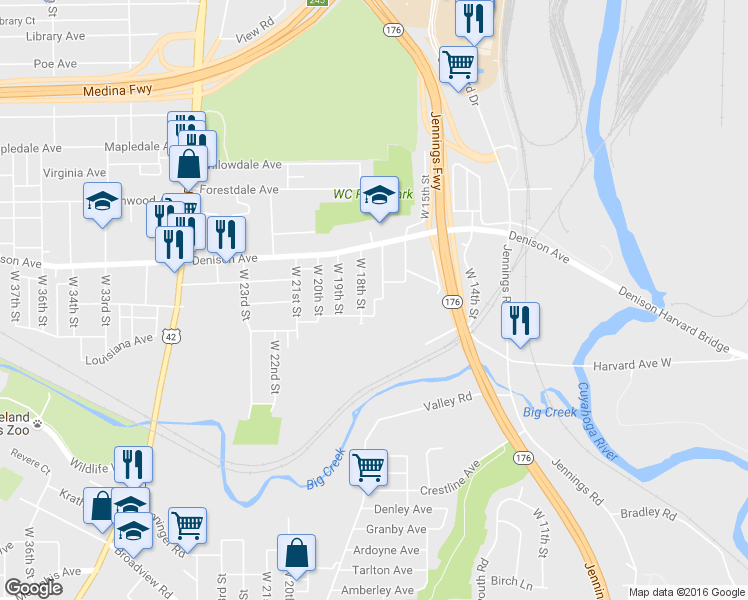 map of restaurants, bars, coffee shops, grocery stores, and more near 3850 W 17th Pl in Cleveland