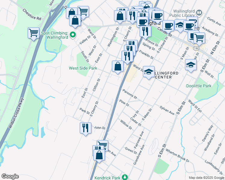 map of restaurants, bars, coffee shops, grocery stores, and more near 9 Carlton Street in Wallingford