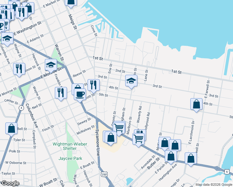 map of restaurants, bars, coffee shops, grocery stores, and more near 1017 Ogontz St in Sandusky