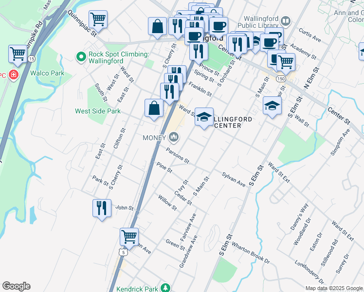 map of restaurants, bars, coffee shops, grocery stores, and more near in Wallingford