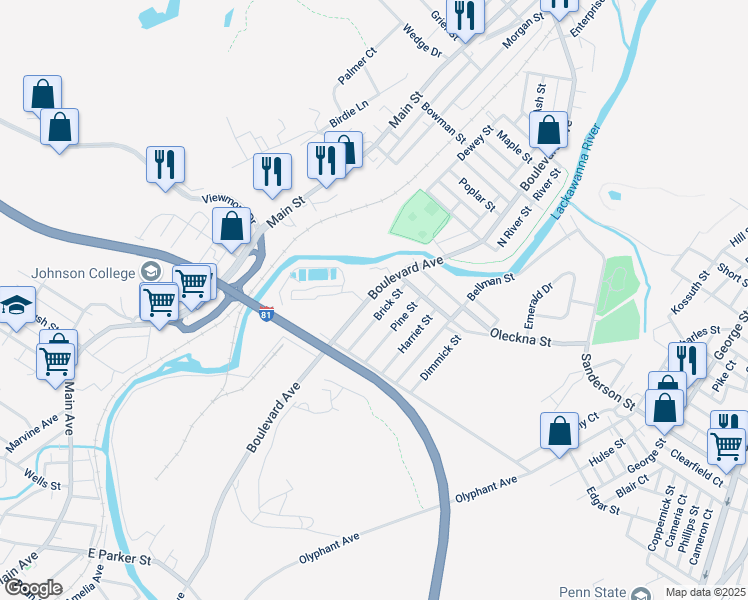 map of restaurants, bars, coffee shops, grocery stores, and more near 150 Boulevard Avenue in Throop
