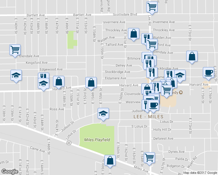 map of restaurants, bars, coffee shops, grocery stores, and more near 15512 Harvard Avenue in Cleveland