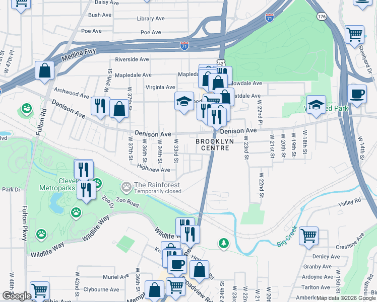 map of restaurants, bars, coffee shops, grocery stores, and more near 3878 West 31st Street in Cleveland