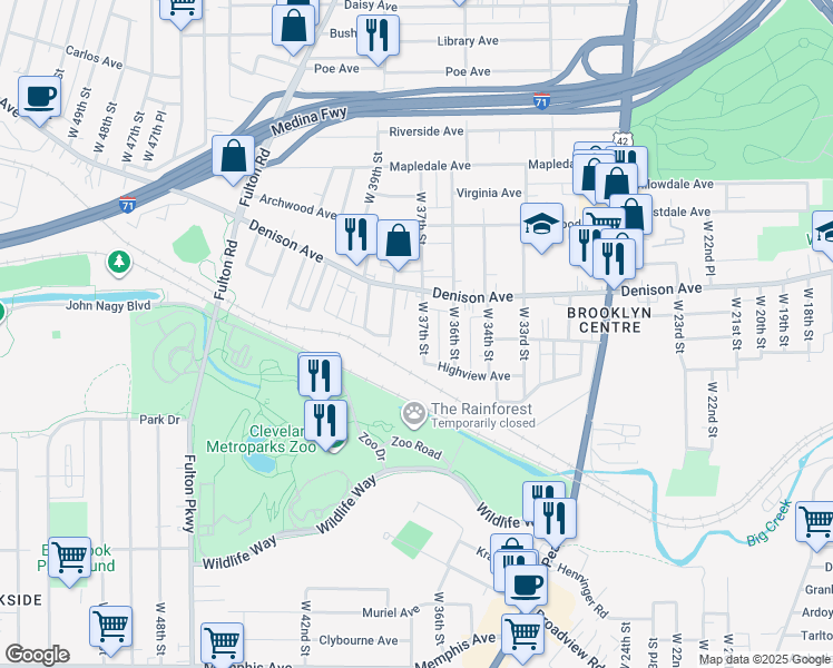 map of restaurants, bars, coffee shops, grocery stores, and more near 3870 West 37th Street in Cleveland