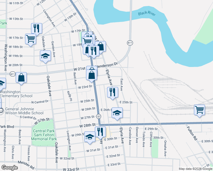 map of restaurants, bars, coffee shops, grocery stores, and more near 204 East 23rd Street in Lorain
