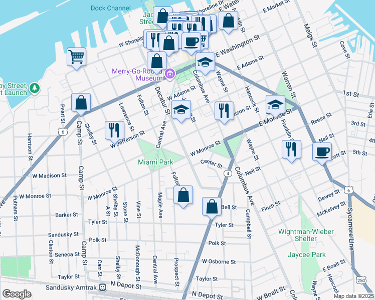 map of restaurants, bars, coffee shops, grocery stores, and more near 626 Decatur Street in Sandusky
