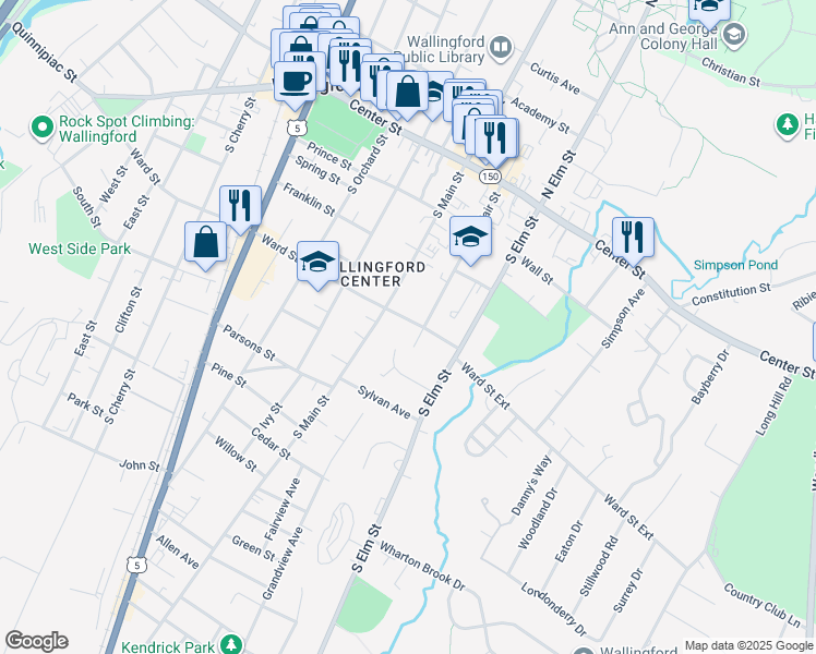 map of restaurants, bars, coffee shops, grocery stores, and more near 381 Ward Street in Wallingford