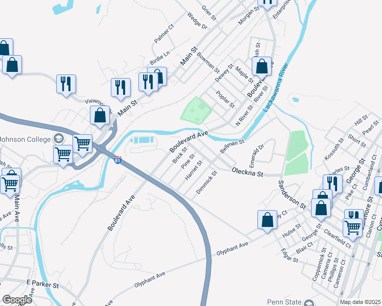 map of restaurants, bars, coffee shops, grocery stores, and more near 169 Pine St in Throop