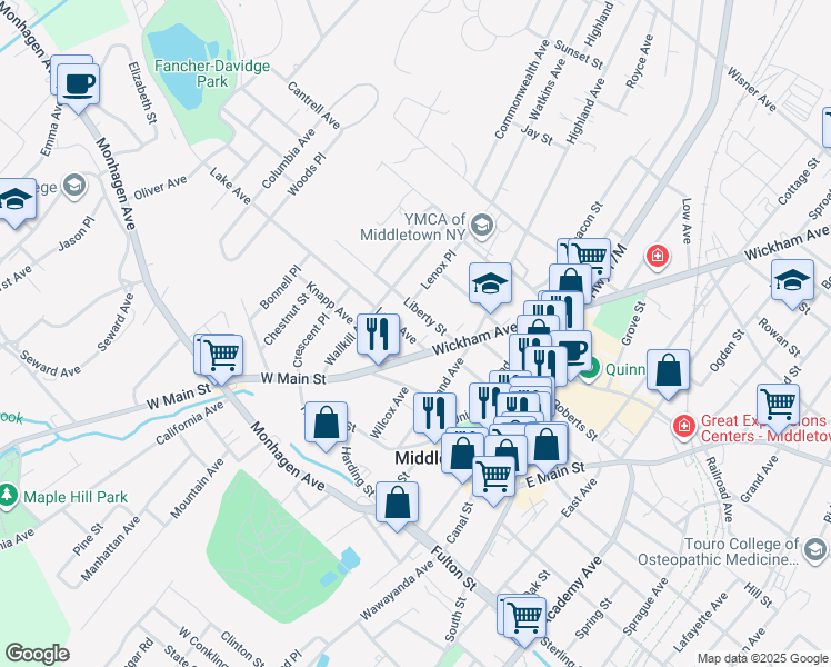 map of restaurants, bars, coffee shops, grocery stores, and more near 10 Lake Avenue in Middletown