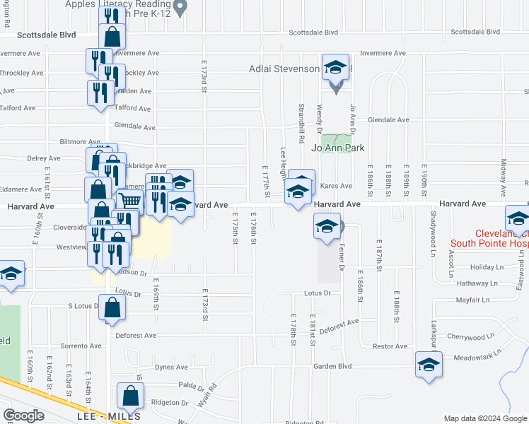 map of restaurants, bars, coffee shops, grocery stores, and more near 17632 Harvard Avenue in Cleveland