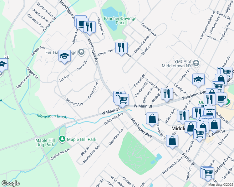 map of restaurants, bars, coffee shops, grocery stores, and more near 6 Elm Street in Middletown