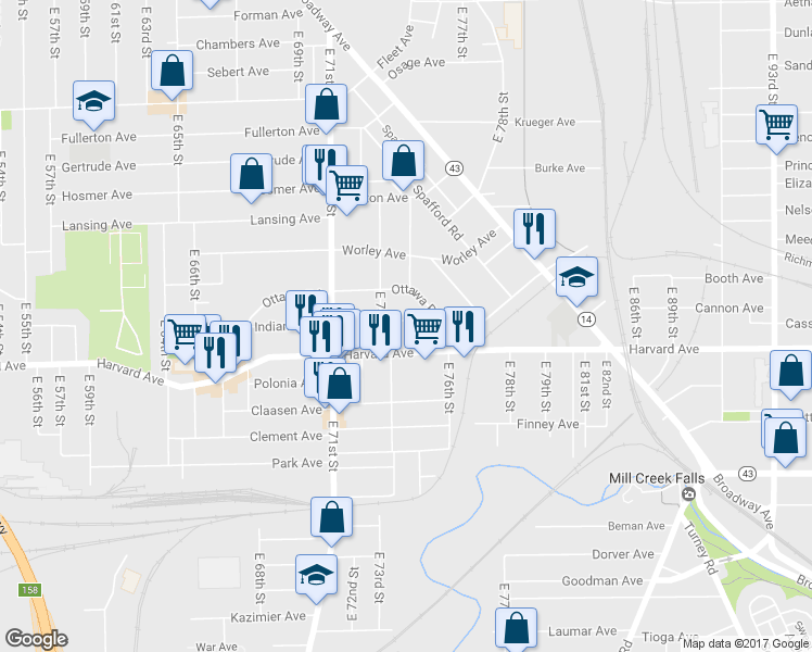 map of restaurants, bars, coffee shops, grocery stores, and more near 7424 Indiana Avenue in Cleveland