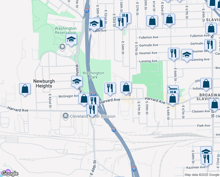 map of restaurants, bars, coffee shops, grocery stores, and more near 4003 East 52nd Street in Newburgh Heights