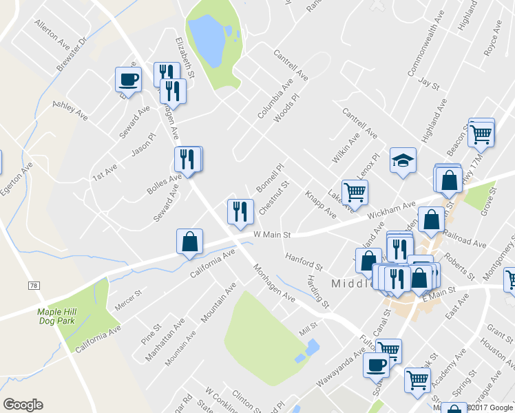 map of restaurants, bars, coffee shops, grocery stores, and more near 16 Bonnell Street in Middletown