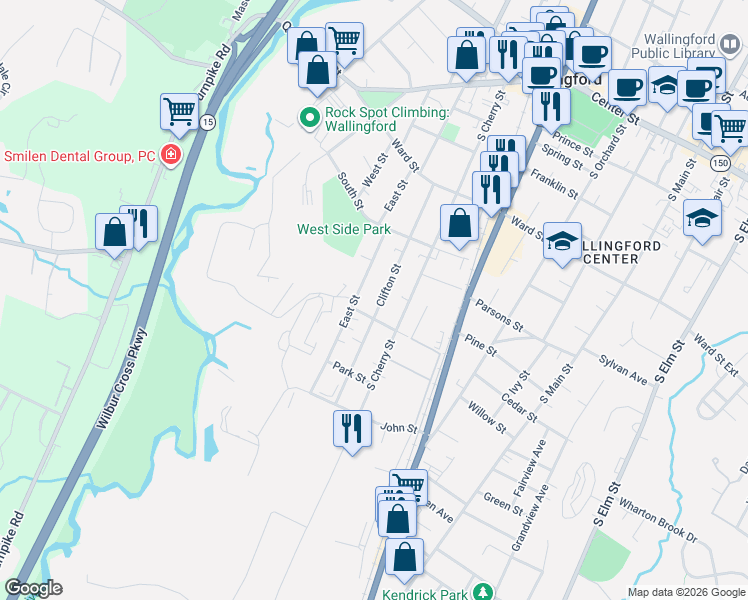 map of restaurants, bars, coffee shops, grocery stores, and more near 146 East Street in Wallingford
