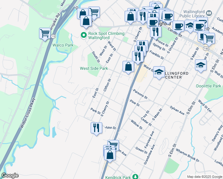 map of restaurants, bars, coffee shops, grocery stores, and more near 235 South Cherry Street in Wallingford
