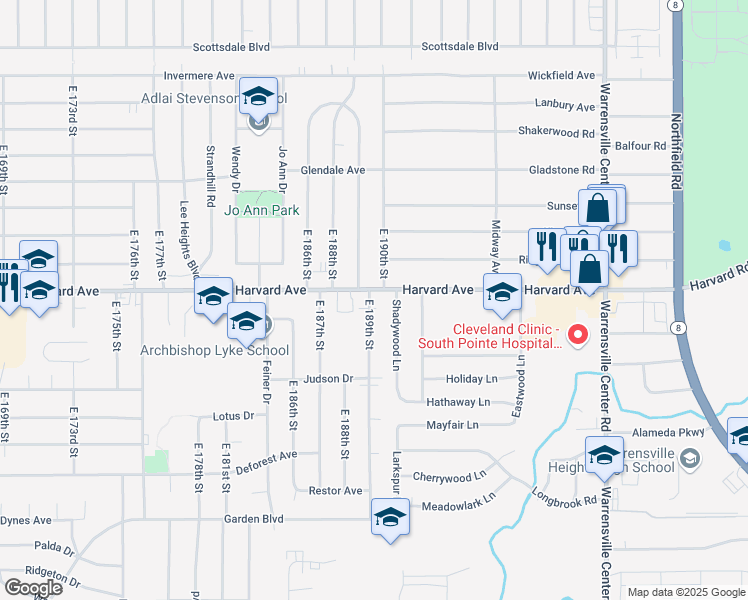 map of restaurants, bars, coffee shops, grocery stores, and more near 18902 Harvard Avenue in Cleveland