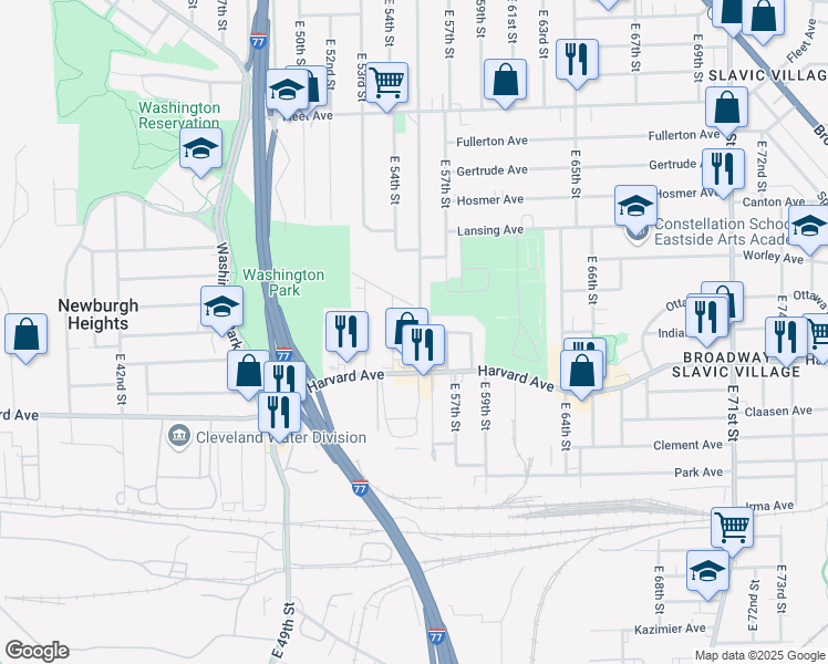 map of restaurants, bars, coffee shops, grocery stores, and more near 3990 East 55th Street in Newburgh Heights