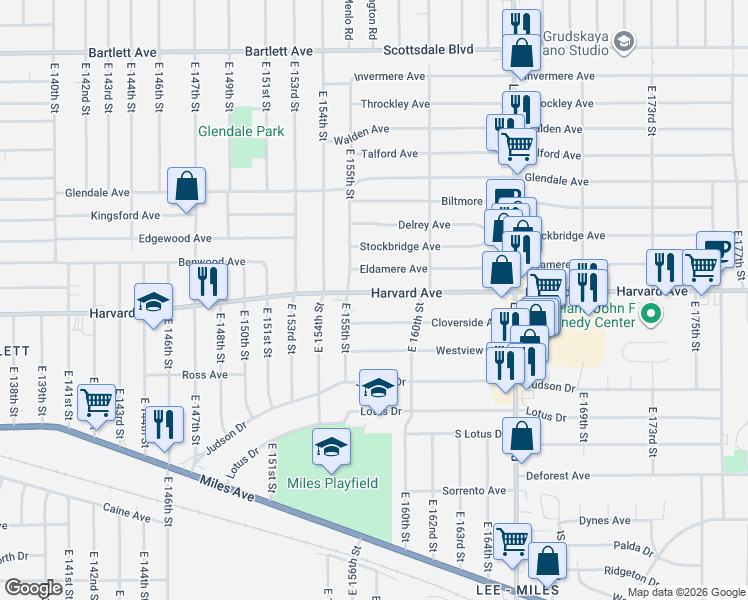 map of restaurants, bars, coffee shops, grocery stores, and more near 15512 Harvard Avenue in Cleveland
