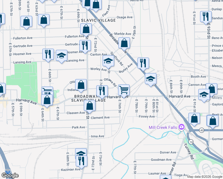 map of restaurants, bars, coffee shops, grocery stores, and more near 7424 Indiana Avenue in Cleveland