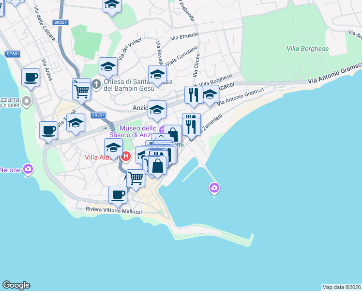 map of restaurants, bars, coffee shops, grocery stores, and more near 68 Via Antonio Gramsci in Anzio