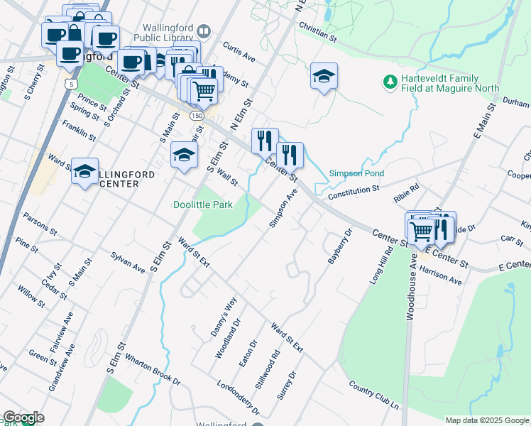 map of restaurants, bars, coffee shops, grocery stores, and more near 63 Wall Street in Wallingford