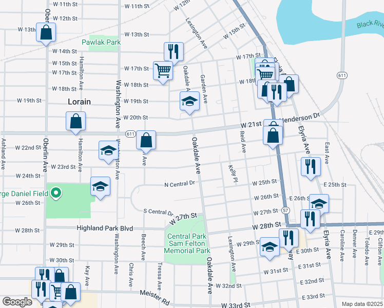 map of restaurants, bars, coffee shops, grocery stores, and more near 607 West 22nd Street in Lorain