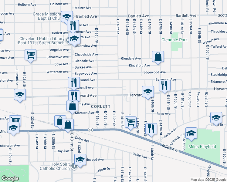 map of restaurants, bars, coffee shops, grocery stores, and more near 13905 Harvard Avenue in Cleveland